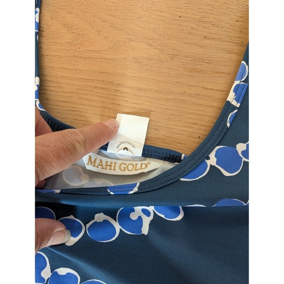 Mahi Gold Jersey Knit‎ Dress Scoop Neck 3/4 Sleeve Blue White Print XS - Picture 7 of 10